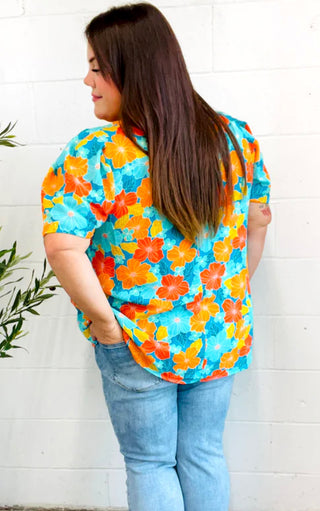 Sunset Bouquet Teal & Orange Floral Top, SM-3X