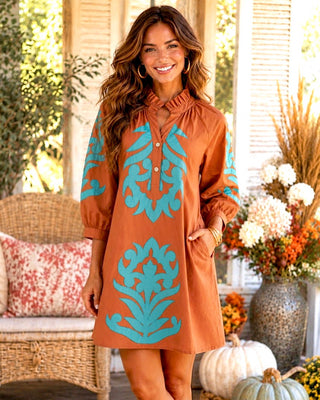 Social Season Toffee And Turquoise Appliqué Dress