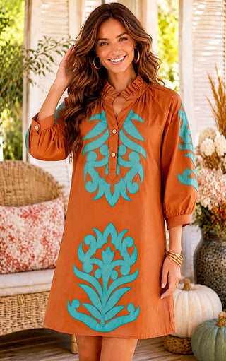 Social Season Toffee And Turquoise Appliqué Dress
