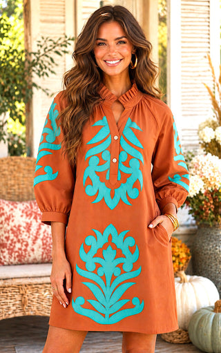 Social Season Toffee And Turquoise Appliqué Dress