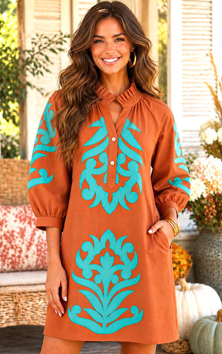 Social Season Toffee And Turquoise Appliqué Dress