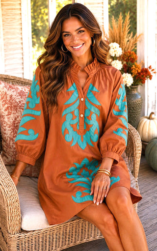 Social Season Toffee And Turquoise Appliqué Dress