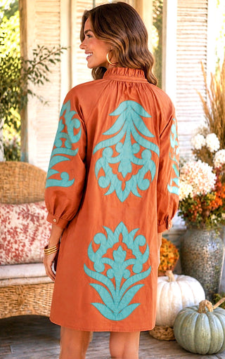 Social Season Toffee And Turquoise Appliqué Dress