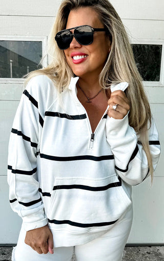 Coastal Stripes White Pullover Sweatshirt, L/XL