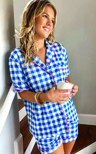 Serene Dreams Blue Gingham Check Pajamas Lounge Set, XS-3X