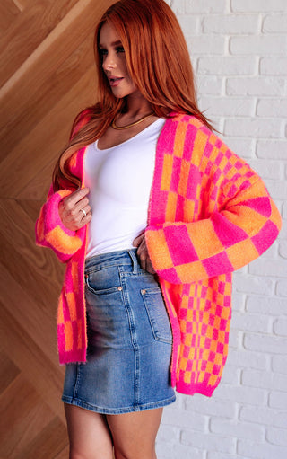 Always A Winner Pink And Orange Checkered Cardigan, SM-3X