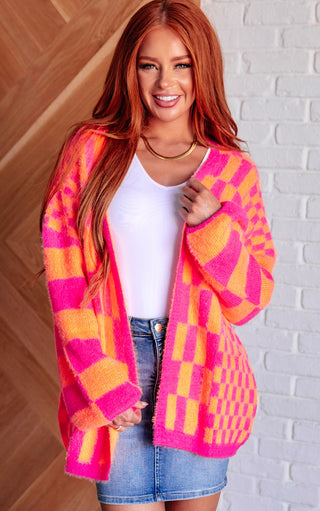 Always A Winner Pink And Orange Checkered Cardigan, SM-3X