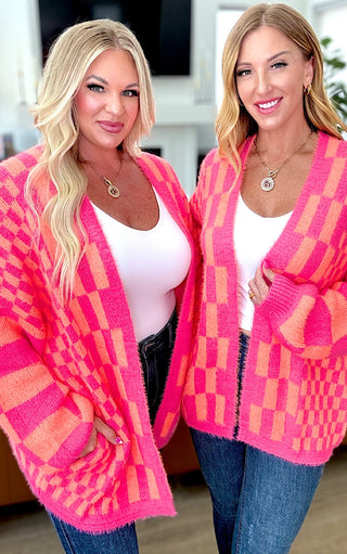 Always A Winner Pink And Orange Checkered Cardigan, SM-3X