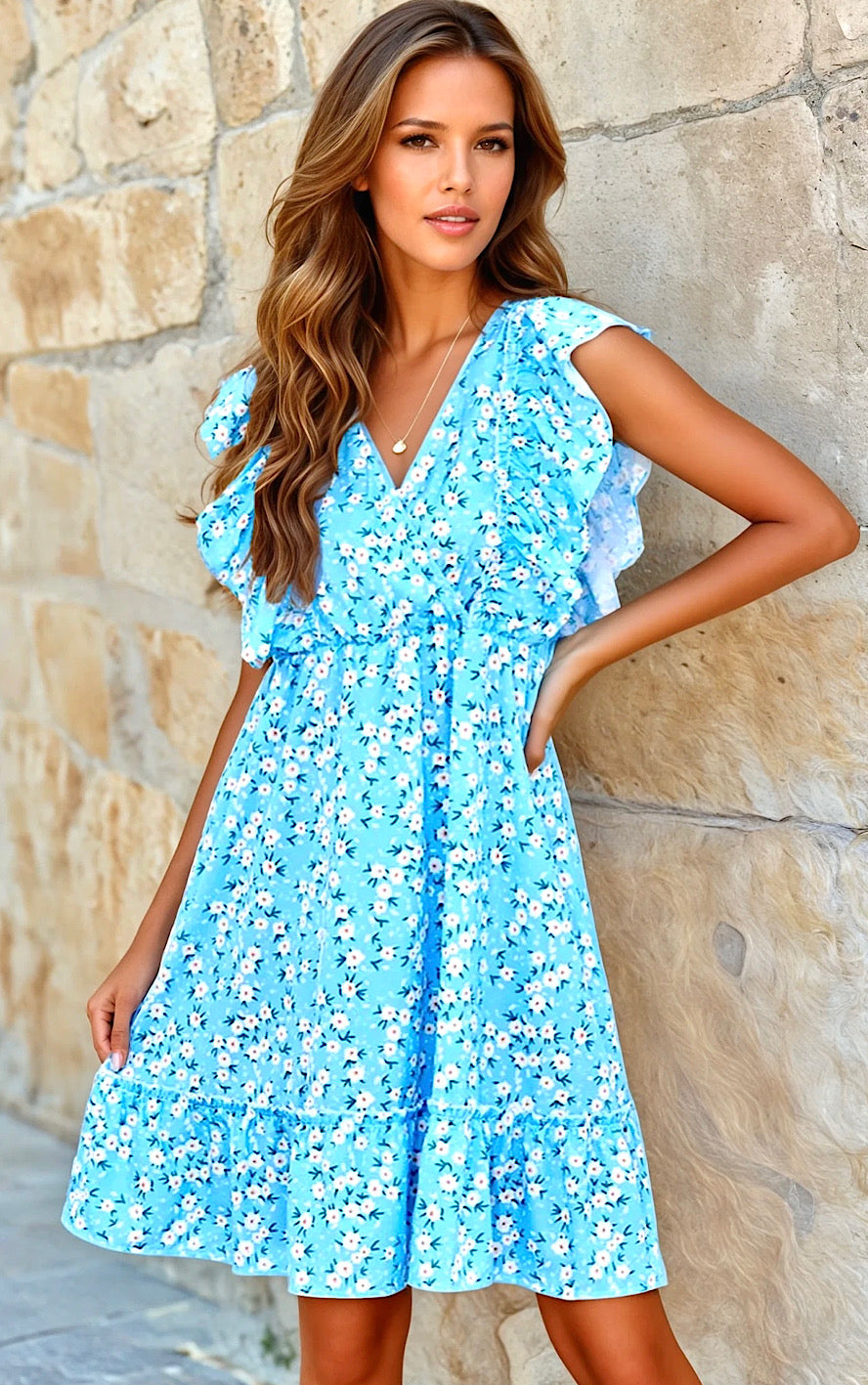 Ruffled Ditsy Floral Surplice Mini Dress Pastel Blue / L Ruffled Ditsy Floral Surplice Mini Dress Pastel Blue / L