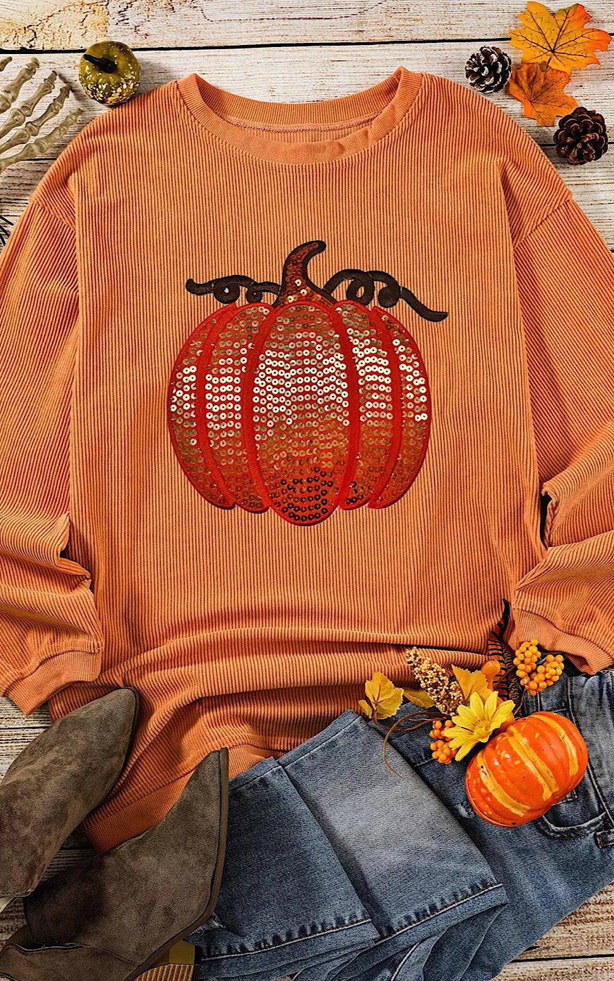 Sassy Sequin Pumpkin Corded Sweatshirt, SM-3X, TWO COLORS!