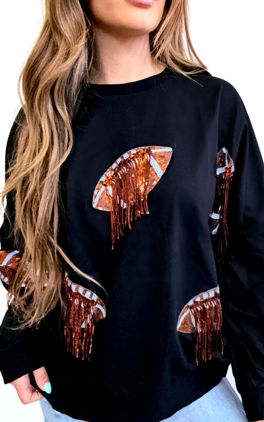 Feeling Extra Black Sequin Fringe Football Sweatshirt