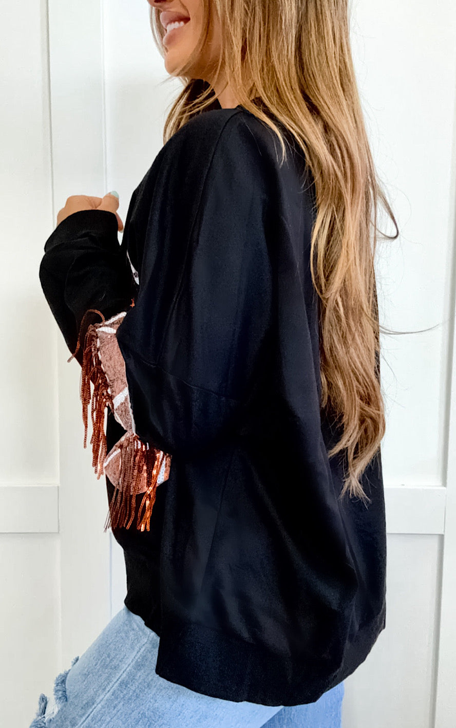 Feeling Extra Black Sequin Fringe Football Sweatshirt