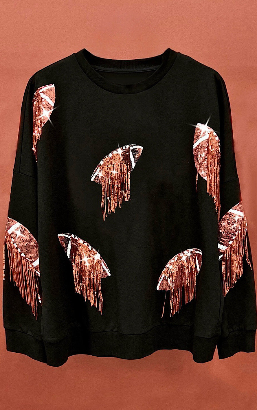 Feeling Extra Black Sequin Fringe Football Sweatshirt