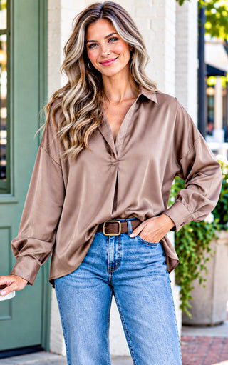 Mocha Moments Brown Satin Top