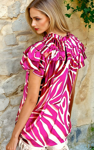 Showstopper Fuchsia Animal Print Flutter Sleeve Top
