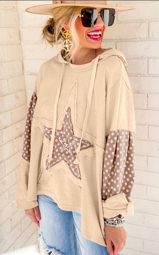 Pretty Patchwork Star Tan Drawstring Hoodie