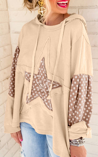 Pretty Patchwork Star Tan Drawstring Hoodie