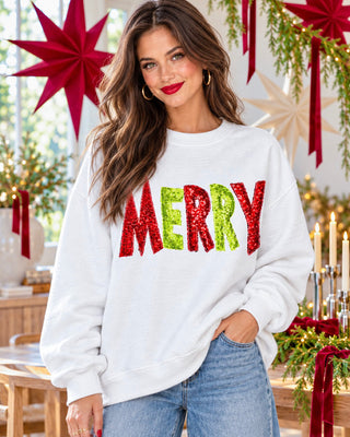 Merry White Sequin Christmas Sweatshirt