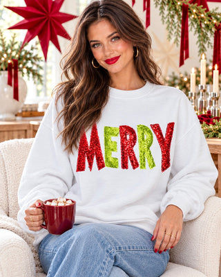 Merry White Sequin Christmas Sweatshirt