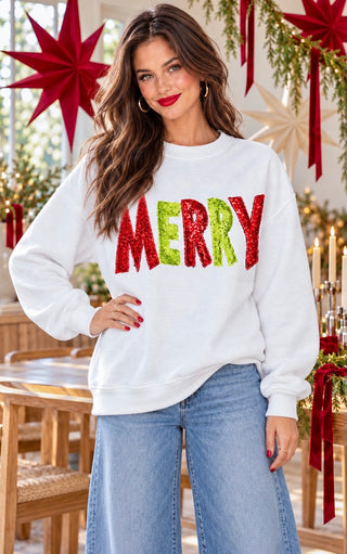 Merry White Sequin Christmas Sweatshirt