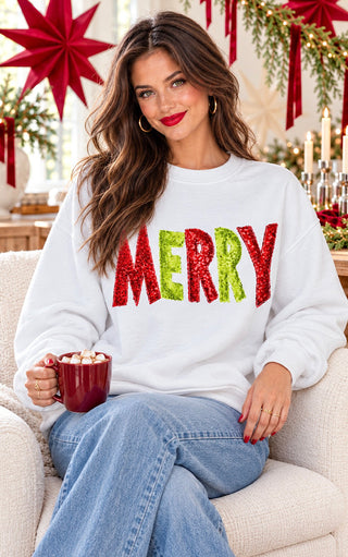 Merry White Sequin Christmas Sweatshirt