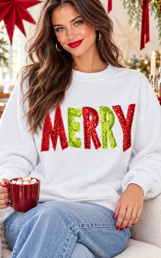 Merry White Sequin Christmas Sweatshirt