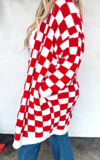 Crimson Cozy Checkered Cloud Cardigan
