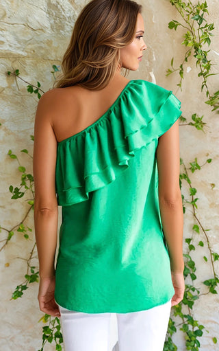 RESTOCKED! Sophisticated Sweetie Green One Shoulder Top