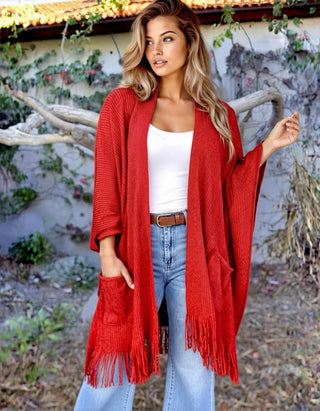 Cozy Moments Red Fringe Knit Cardigan