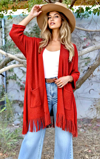 Cozy Moments Red Fringe Knit Cardigan
