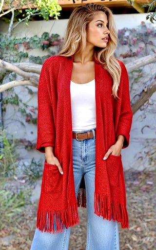 Cozy Moments Red Fringe Knit Cardigan