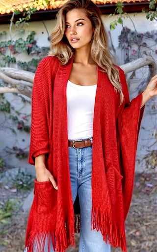 Cozy Moments Red Fringe Knit Cardigan