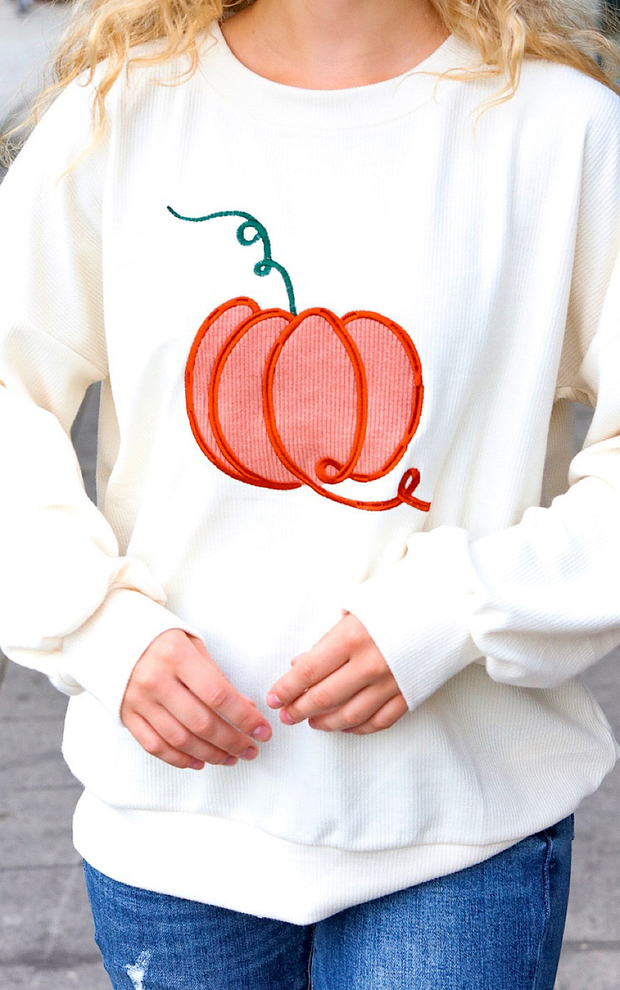 Take Me To The Pumpkin Patch Ivory Embroidered Sweatshirt, SM-3X