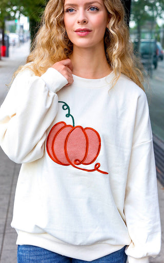 Take Me To The Pumpkin Patch Ivory Embroidered Sweatshirt, SM-3X