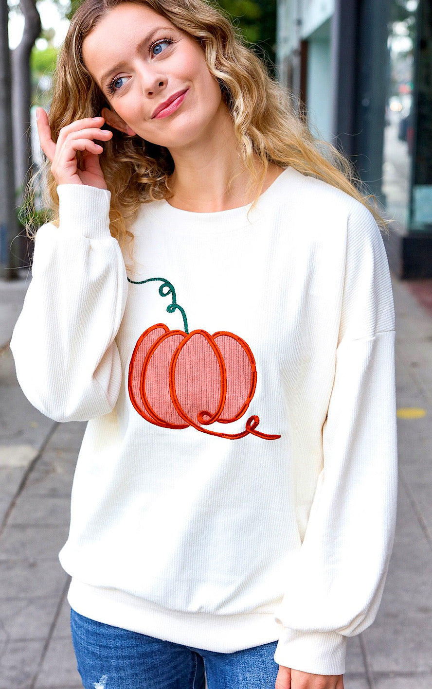 Take Me To The Pumpkin Patch Ivory Embroidered Sweatshirt, SM-3X