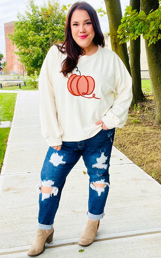 Take Me To The Pumpkin Patch Ivory Embroidered Sweatshirt, SM-3X