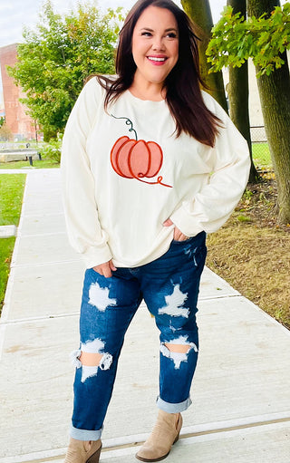 Take Me To The Pumpkin Patch Ivory Embroidered Sweatshirt, SM-3X