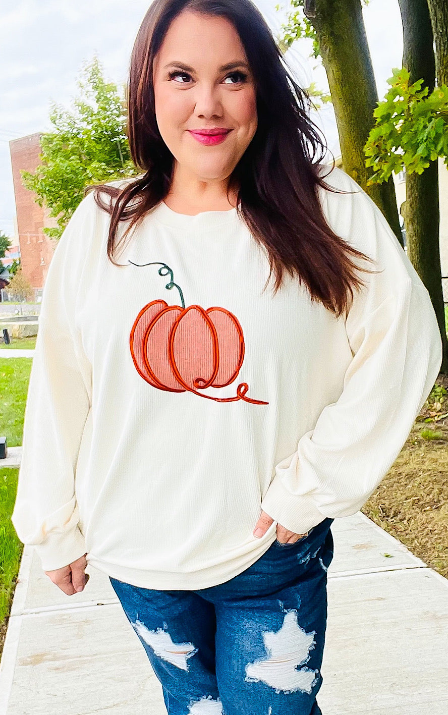 Take Me To The Pumpkin Patch Ivory Embroidered Sweatshirt, SM-3X