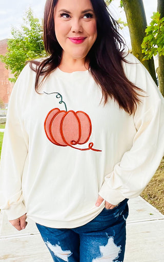 Take Me To The Pumpkin Patch Ivory Embroidered Sweatshirt, SM-3X