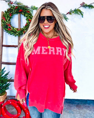 Merry Vibes Red Split Hem Sweatshirt