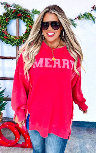 Merry Vibes Red Split Hem Sweatshirt