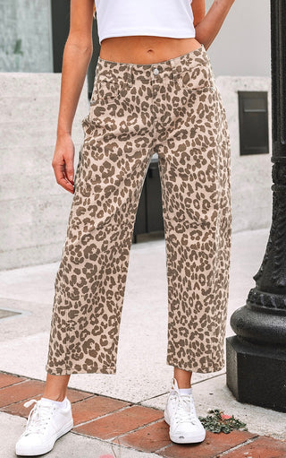 Run Wild Leopard Print Barrel Cut Jeans