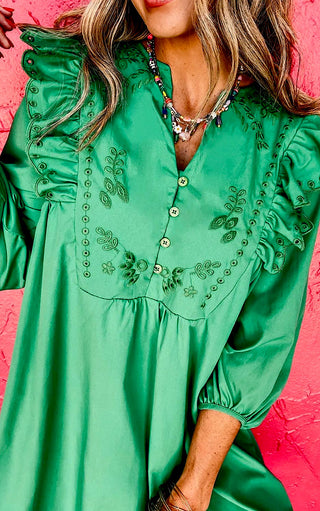 Mistletoe Magic Green Embroidered Dress