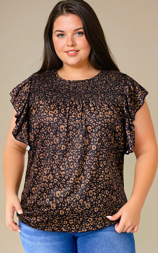 Smocked Leopard Print Butterfly Sleeve Blouse