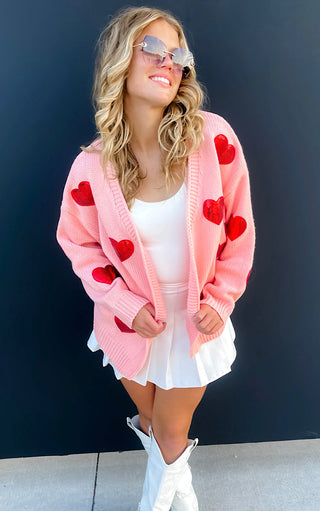 Be My Valentine Light Pink Sequin Heart Cardigan Sweater, SM-2X