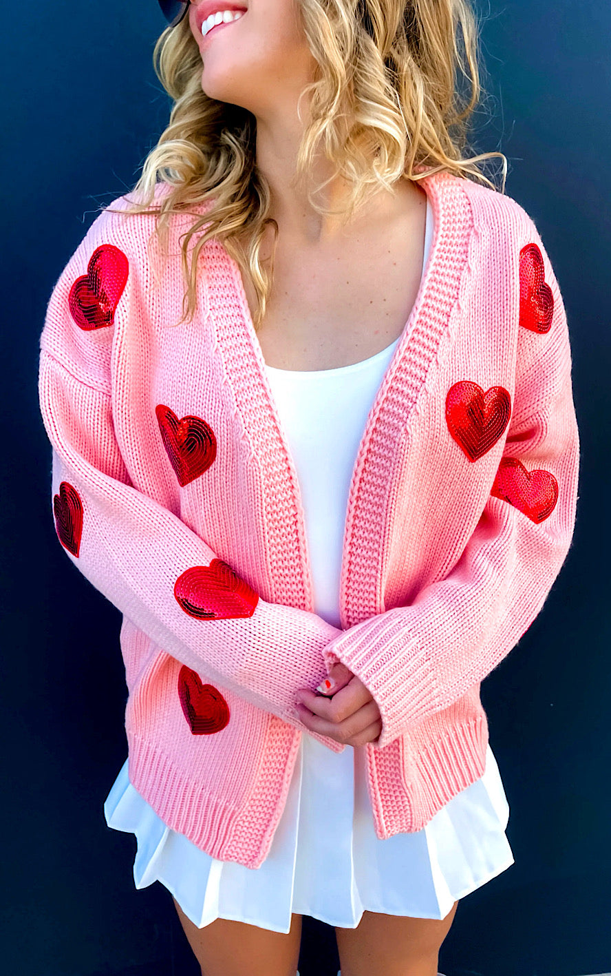 Be My Valentine Light Pink Sequin Heart Cardigan Sweater, SM-2X