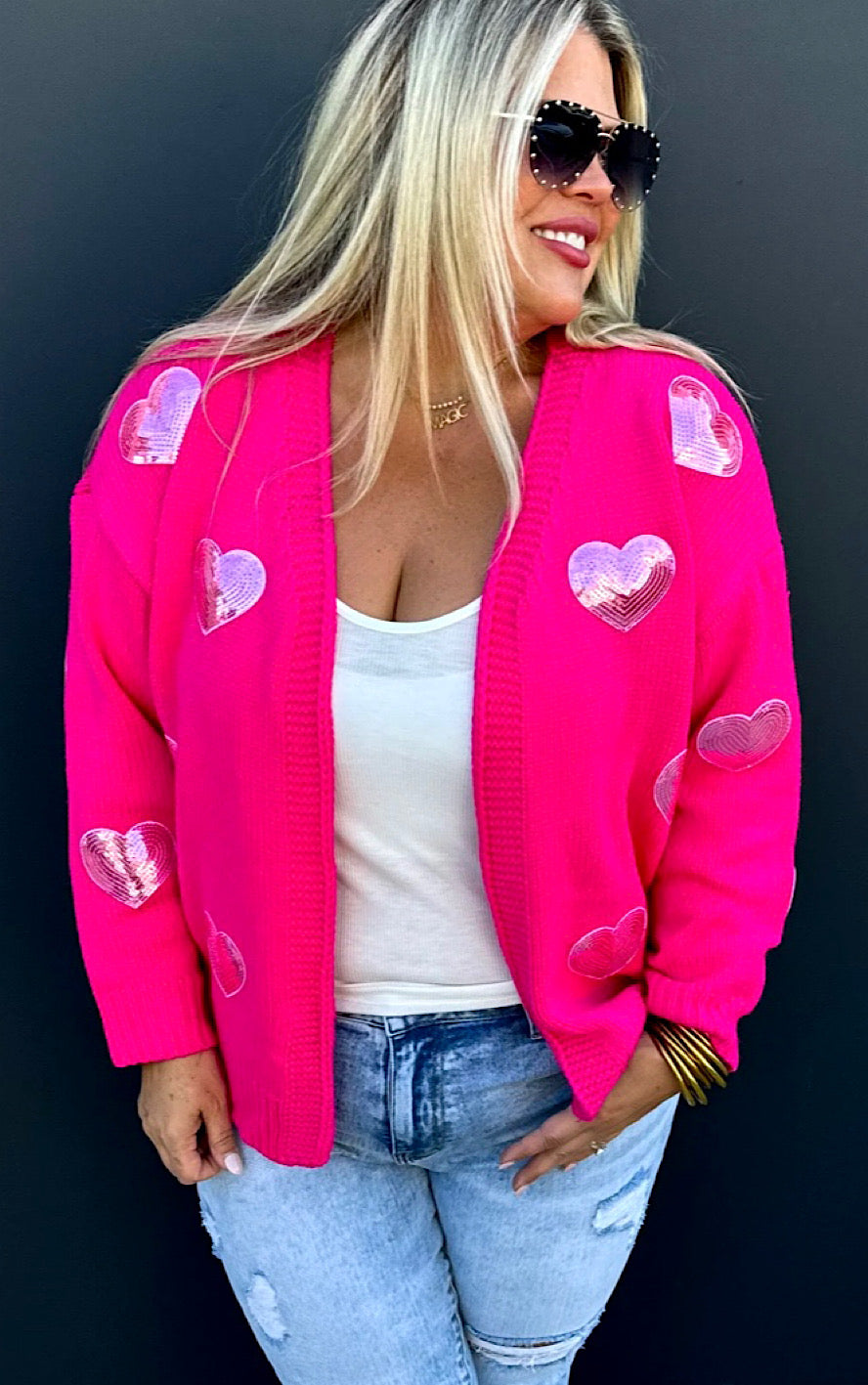 Be My Valentine Hot Pink Sequin Heart Cardigan Sweater, SM-2X