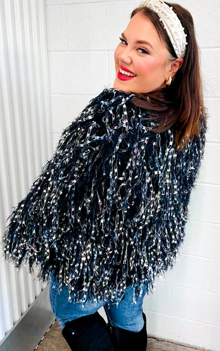 Dazzling Diva Black Fringe Knit Cardigan, 2X