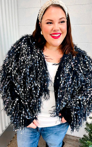 Dazzling Diva Black Fringe Knit Cardigan, 2X