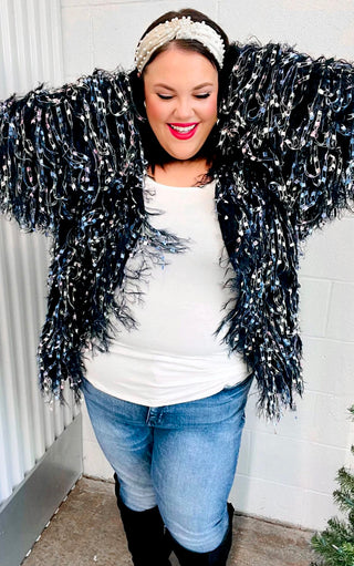 Dazzling Diva Black Fringe Knit Cardigan, 2X